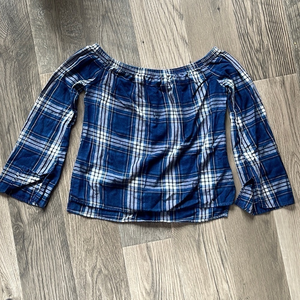 Cloth & Stone blue plaid off shoulder blouse womens small‎